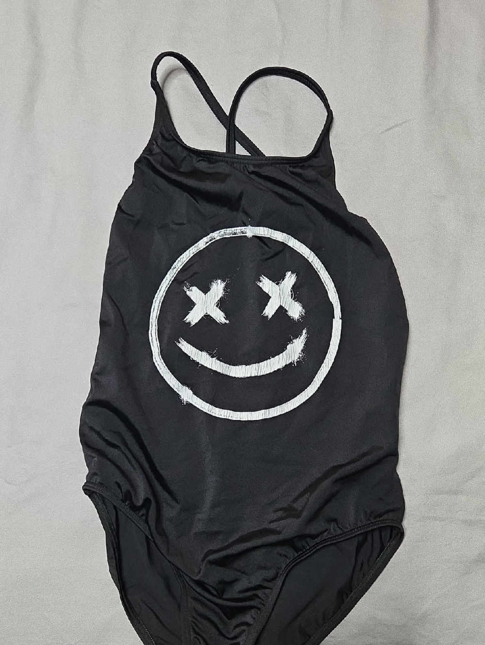 Girls' Black One-Piece Swimsuit with White Smiley Face Graphic